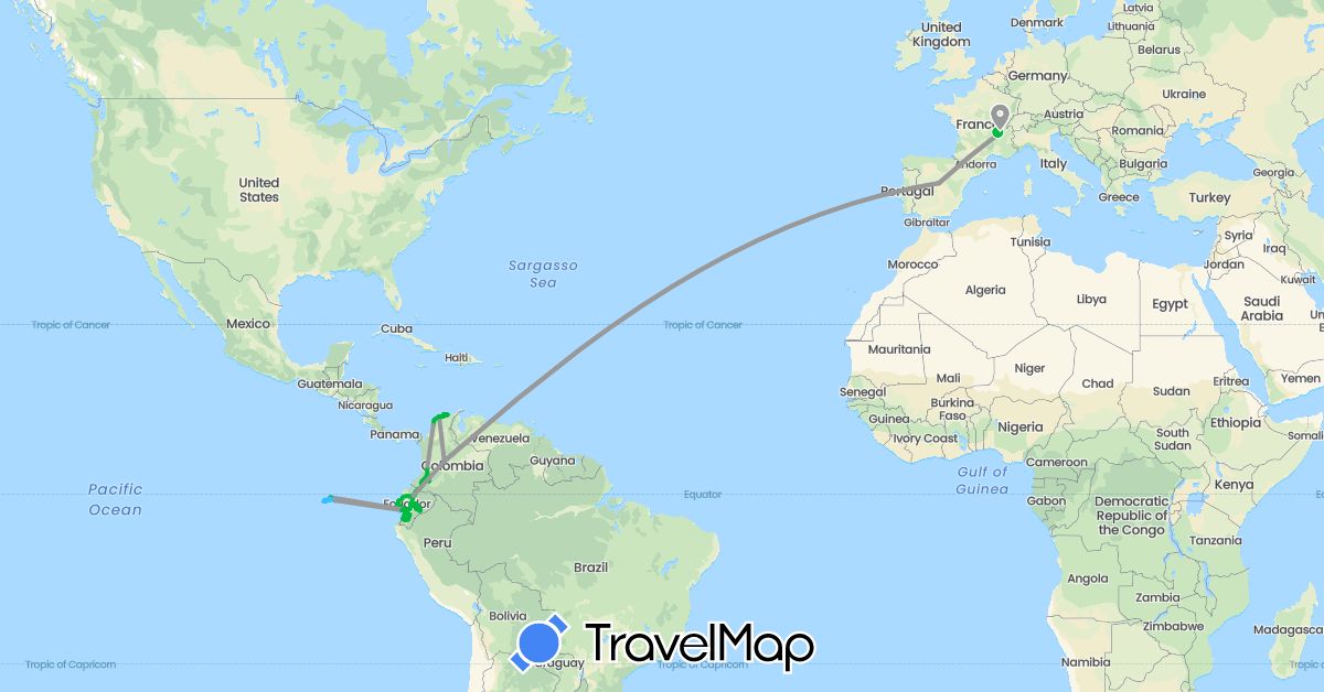 TravelMap itinerary: driving, bus, plane, cycling, boat in Colombia, Ecuador, Spain, France (Europe, South America)