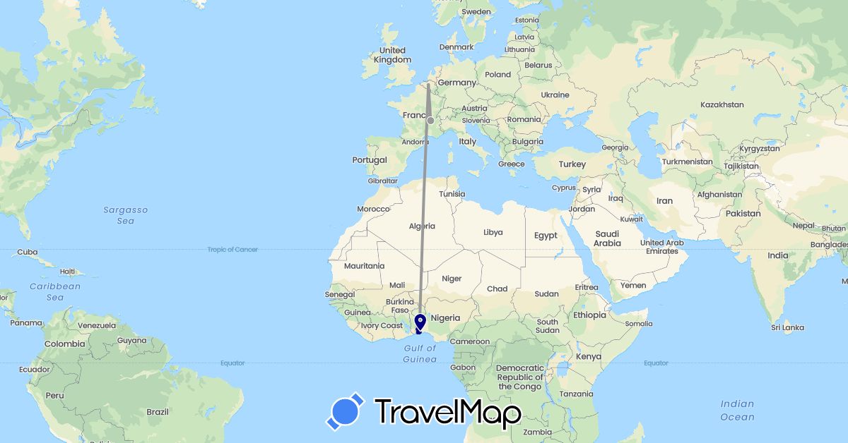 TravelMap itinerary: driving, plane in Belgium, Benin, France (Africa, Europe)